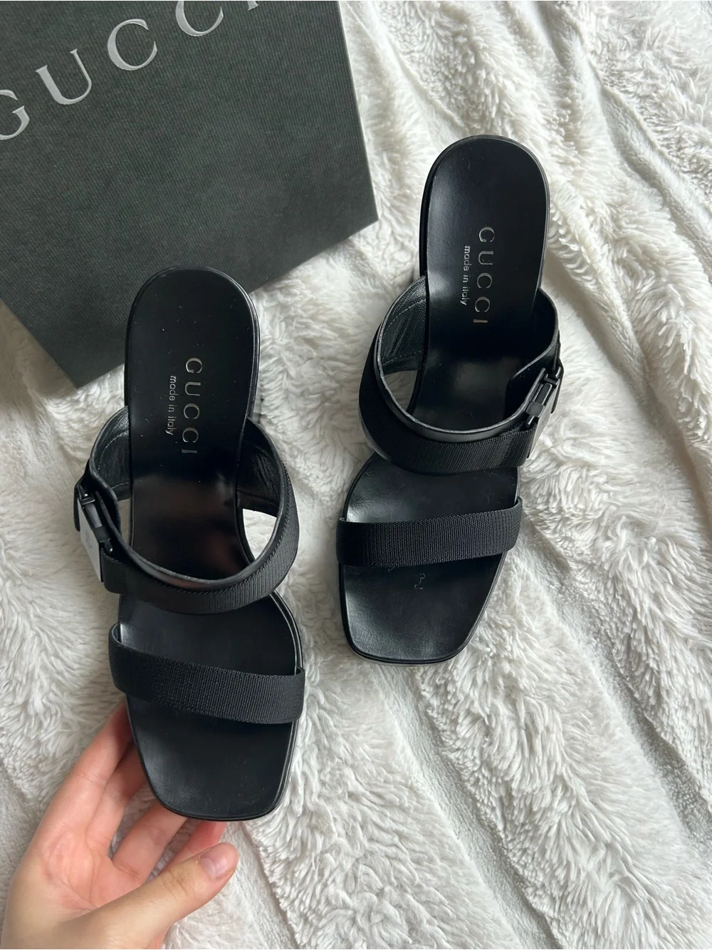 Gucci Black Leather Wedge Mules